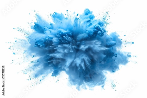 A dynamic and vibrant explosion of blue powder creating an abstract cloud, isolated on a white background, evoking a sense of motion and energy.