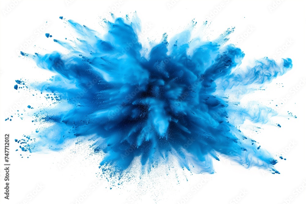 A dynamic and vibrant explosion of blue powder creating an abstract cloud, isolated on a white background, evoking a sense of motion and energy.

 - obrazy, fototapety, plakaty 