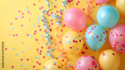  Birthday party bright pastel background with streamers on yellow background. generative ai