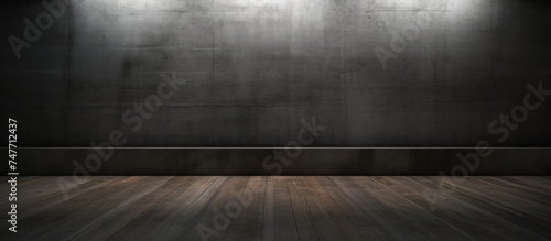 An empty room with concrete and wood surfaces, illuminated by a beam of light entering through a window. The room appears stark and minimalist, with shadows playing across the surfaces. photo