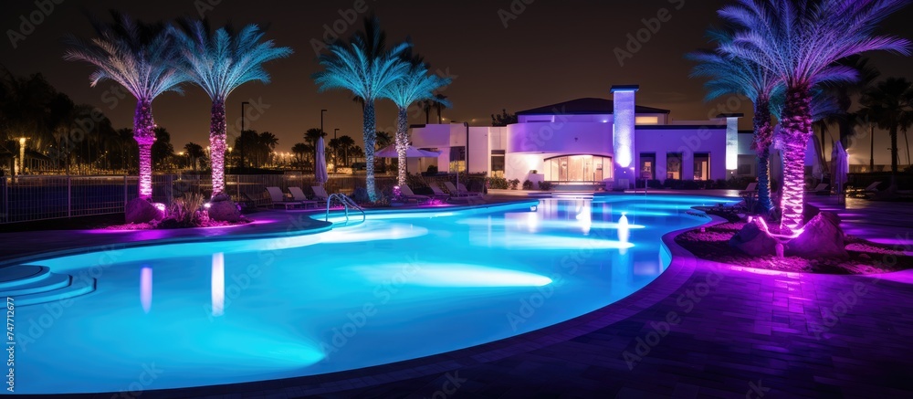 A large swimming pool at a hotel resort is surrounded by tall palm trees. The pool water has colorful changing LED lighting and is switched to bright blue.