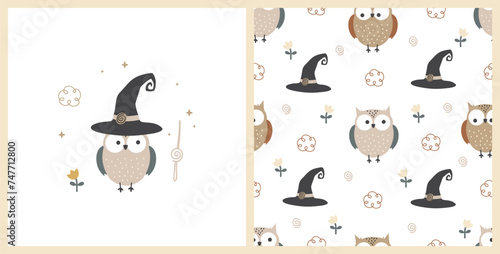 Cute owl and witch hat seamless pattern. Cartoon animal and funny flower forest background. Vector illustration. Kids collection. For wallpaper  wrapping paper  fabric  textile  print design