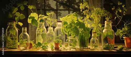 A table is covered with numerous glass bottles filled with various plants, each carefully cultivated to thrive in the available light.