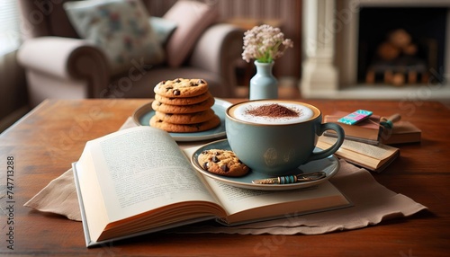 A cup of coffee with cookies and a book on the wooden table in the living room