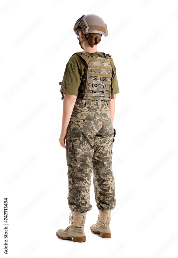 Young female soldier isolated on white