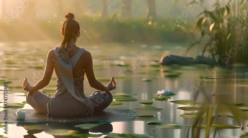 Wallpaper Mural Woman Meditating Peacefully by Lotus Pond at Sunrise with AI generated.
 Torontodigital.ca