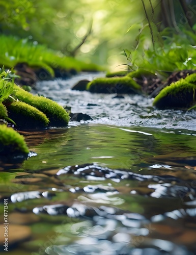 Beautiful spring detailed close up stream of fresh water with young green plants. Horizontal banner  springtime concept. Abstract outdoor wild nature background. Generative AI