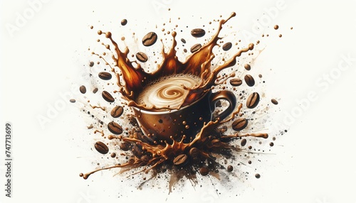 Coffee splash with coffee beans on a white background.