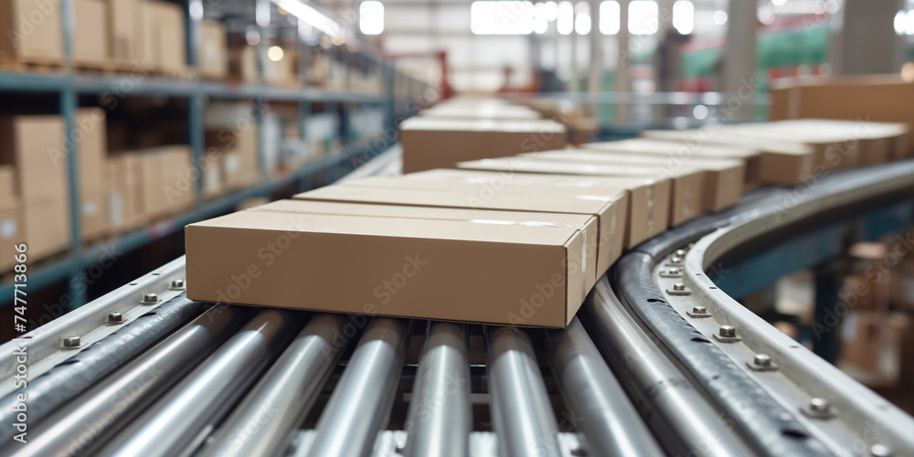 Boxes on roller conveyor belt in warehouse.3D rendering,Boxes on conveyor belt in warehouse, shallow depth of field,Box on conveyor belt in warehouse,freight transportation and distribution warehouse.