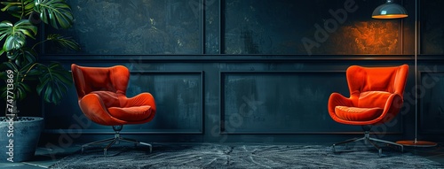 two chairs and microphones in podcast or interview room isolated on dark background. recording studio.