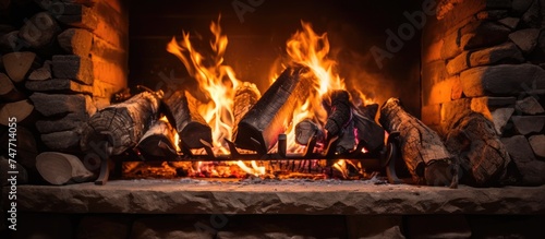 A roaring fire burns in a fireplace, casting a warm glow on the logs. The flames flicker and dance, providing both light and heat to those gathered around.