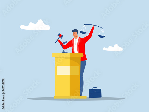 Law and justice scenes.businessman attorney or lawyer holding gavel and equality scale on other hand.lawyer consulting client
