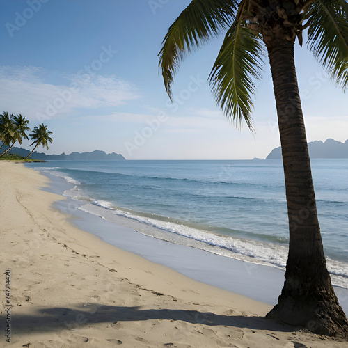 Beach with ocean landscape and palm trees. 