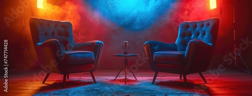 two chairs and microphones in podcast or interview room isolated on dark background. recording studio.