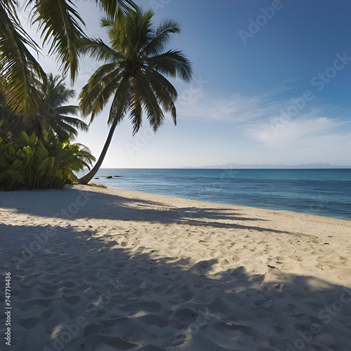 Beach with ocean landscape and palm trees. 