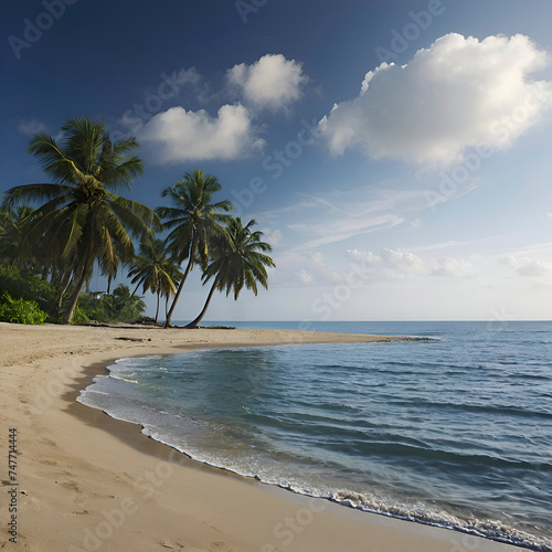 Beach with ocean landscape and palm trees. 