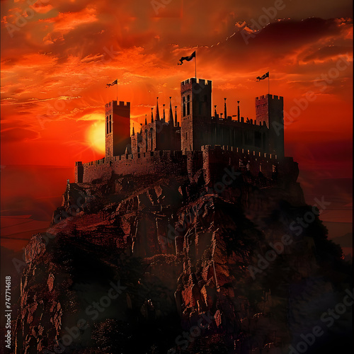 Formulate a detailed mental image contemplating amedieval castle viewed from a proper perspective p Generative AI