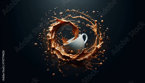 Cup of coffee with splashes on black background.