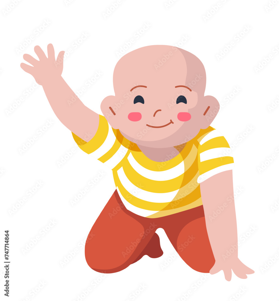 Cute infant boy or girl waving hand greetings