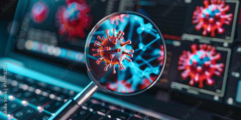 Laptop with magnifying glass and virus cells on blurry background 3D rendering,Coronavirus 2019-nCoV on laptop screen. 3d illustration Laptop with magnifying glass and virus cells on blurry background 3D rendering,Coronavirus 2019-nCoV on laptop screen. 3d illustration