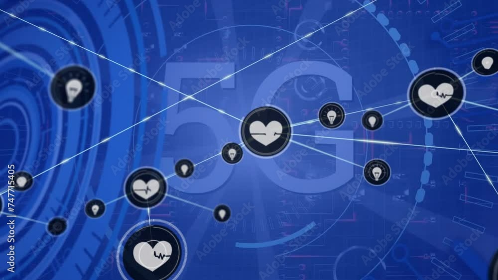 Animation of 5g text, financial data processing over network of connections with icons Animation of 5g text, financial data processing over network of connections with icons