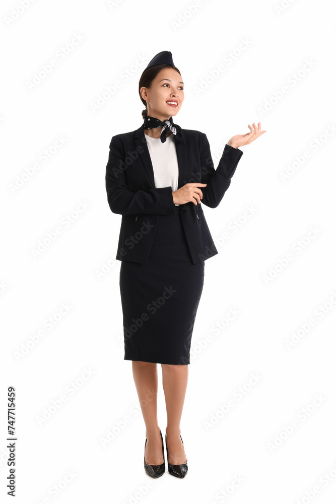 Beautiful Asian stewardess on white background Beautiful Asian stewardess on white background