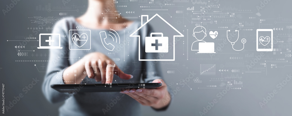 Telehealth theme with business woman using a tablet computer