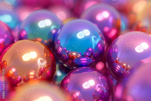 Glossy multicolored spheres clustered together, reflecting light and creating a vibrant abstract.

