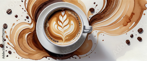 A cup of coffee with latte art. Expressing the strong aroma of coffee. Isolated on a white background. Coffee and beans.