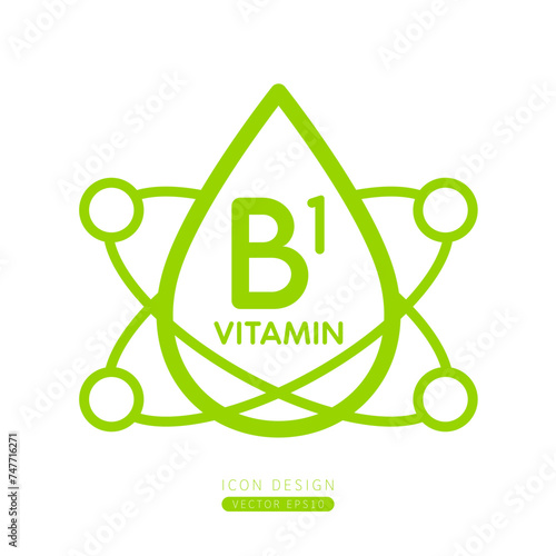 Vitamin B1 dropper icon green with surrounding molecules form simple line. Isolated on a white background. Medical symbol concept. Design for use on web app mobile and print media. Vector.