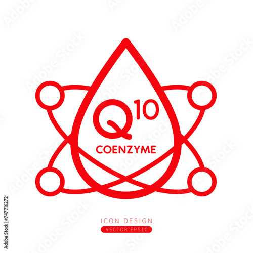 Coenzyme Q10 dropper icon red with surrounding molecules form simple line. Isolated on a white background. Medical symbol concept. Design for use on web app mobile and print media. Vector.
