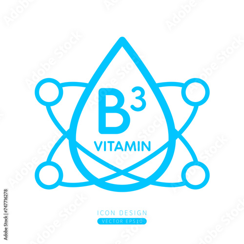 Vitamin B3 dropper icon blue with surrounding molecules form simple line. Isolated on a white background. Medical symbol concept. Design for use on web app mobile and print media. Vector.