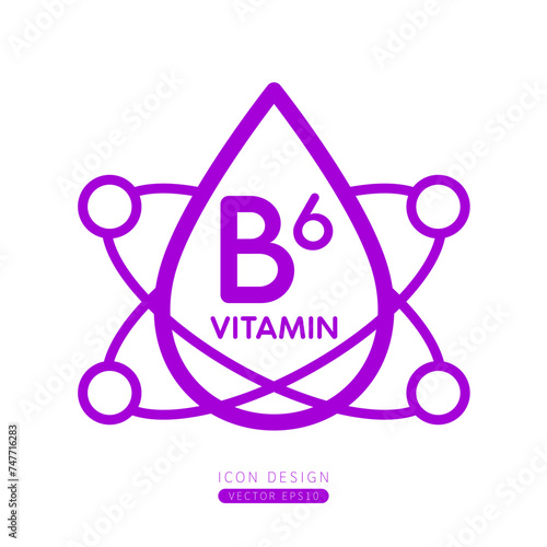 Vitamin B6 dropper icon purple with surrounding molecules form simple line. Isolated on a white background. Medical symbol concept. Design for use on web app mobile and print media. Vector.