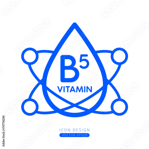 Vitamin B5 dropper icon blue with surrounding molecules form simple line. Isolated on a white background. Medical symbol concept. Design for use on web app mobile and print media. Vector.