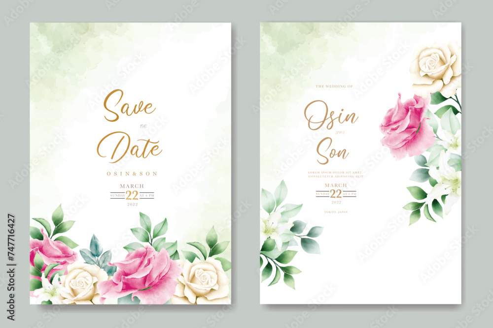 wedding invitation card with floral roses watercolor 