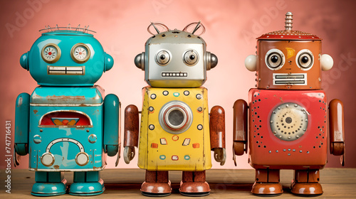 Close-up view of colorful mixed vintage tin robot toys collection on a color background