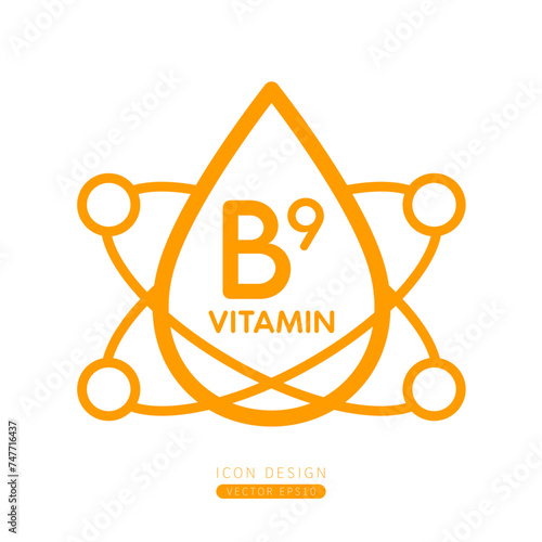Vitamin B9 dropper icon orange with surrounding molecules form simple line. Isolated on a white background. Medical symbol concept. Design for use on web app mobile and print media. Vector.