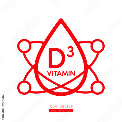 Vitamin D3 dropper icon red with surrounding molecules form simple line. Isolated on a white background. Medical symbol concept. Design for use on web app mobile and print media. Vector.
