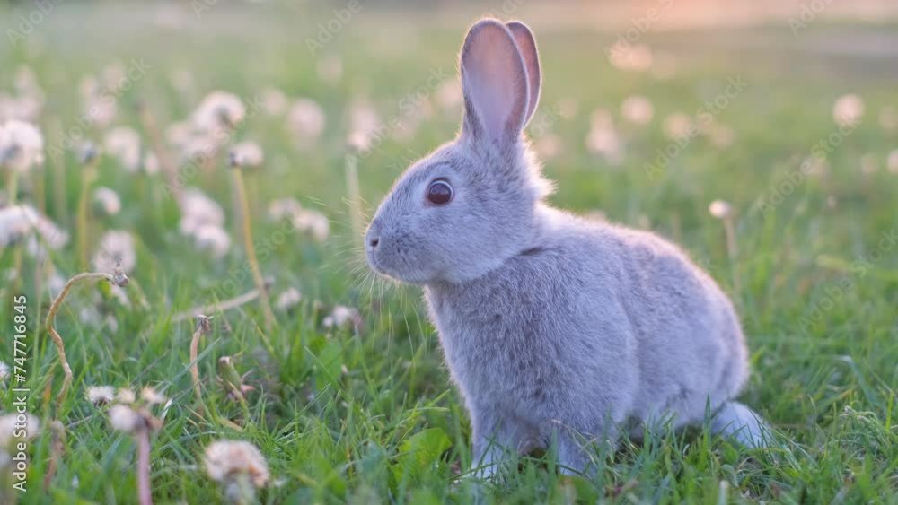 A beautiful gray rabbit sits on green grass on a bright spring day among scattered dandelions. 