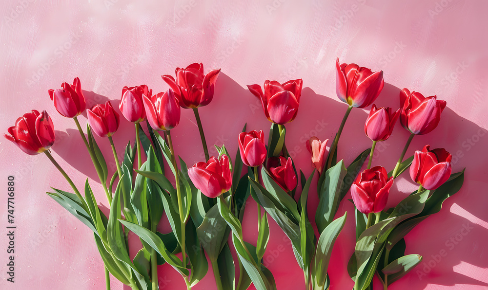 Fresh red tulips on pastel menthe light pink background,Generative AI Fresh red tulips on pastel menthe light pink background,Generative AI