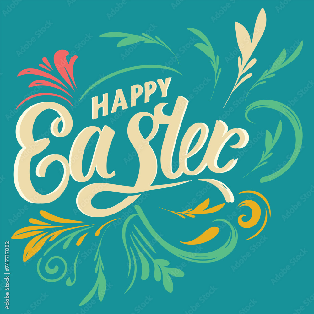 Fototapeta premium Happy Easter banner with alphabet letters, egg and flower square vector illustration