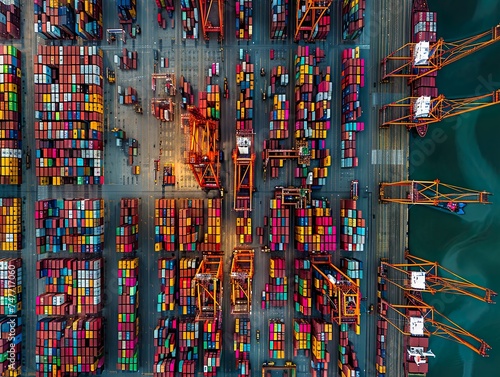 A aerial view of an international port, the backbone of the modern economy, with cranes loading containers and constantly moving logistics.