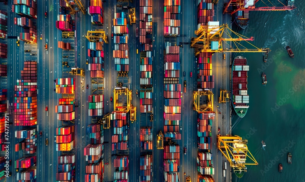 Naklejka premium A aerial view of an international port, the backbone of the modern economy, with cranes loading containers and constantly moving logistics.