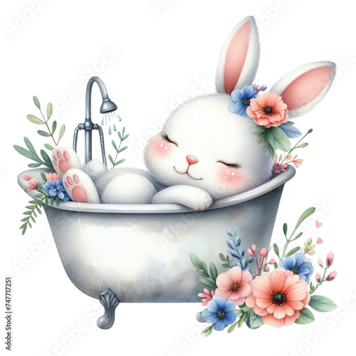 cute little rabbit sleeping in the bathtub shower bathroom clipart watercolor