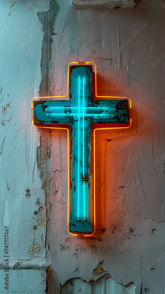 Modern faith, a blue and orange neon cross glowing in an urban setting, on a worn and deteriorated wall. Divine contrast, the vibrant shine of a cross in the midst of shadows