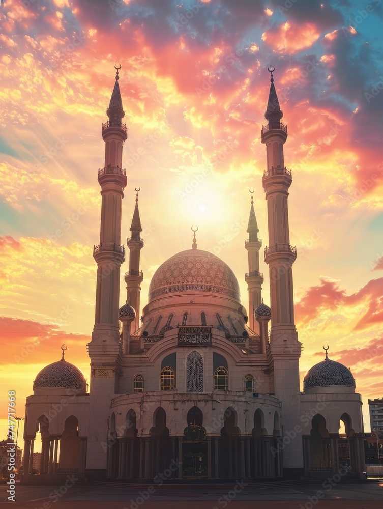 beautiful view of the mosque with the morning sun in the background - generative ai