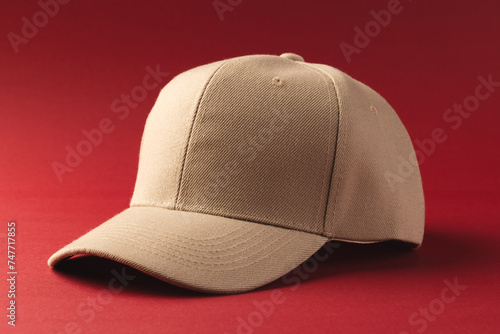 A beige baseball cap is presented against a red background, with copy space