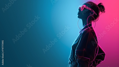 Banner Stylish woman in neon light, fashion portrait with pink and blue hues, modern lifestyle trend, dynamic contrast