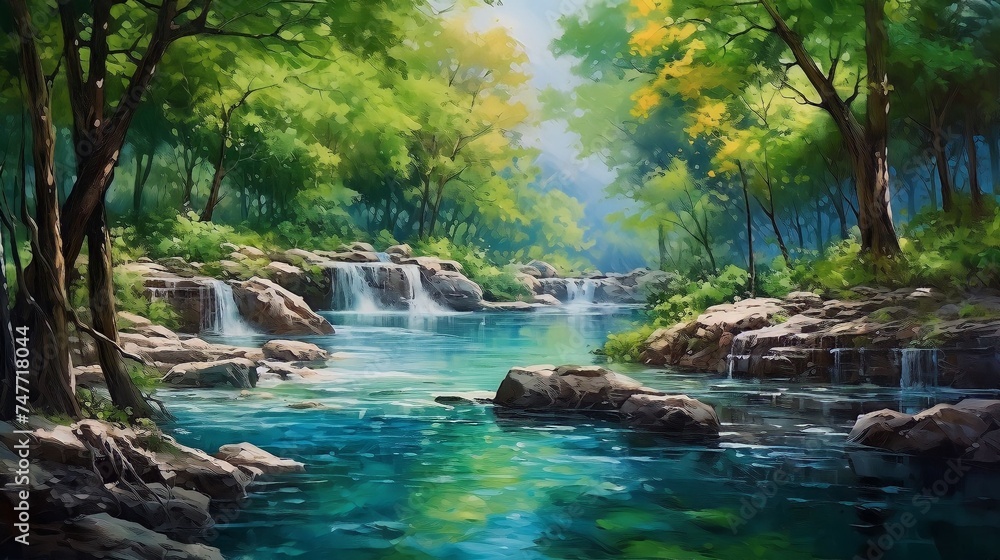 Fototapeta premium A waterfall in a gorgeously fantastic landscape