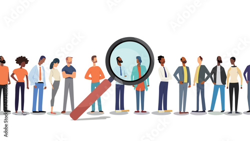 people with magnifying glasses watching interview candidates, in the style of multilayered dimensions